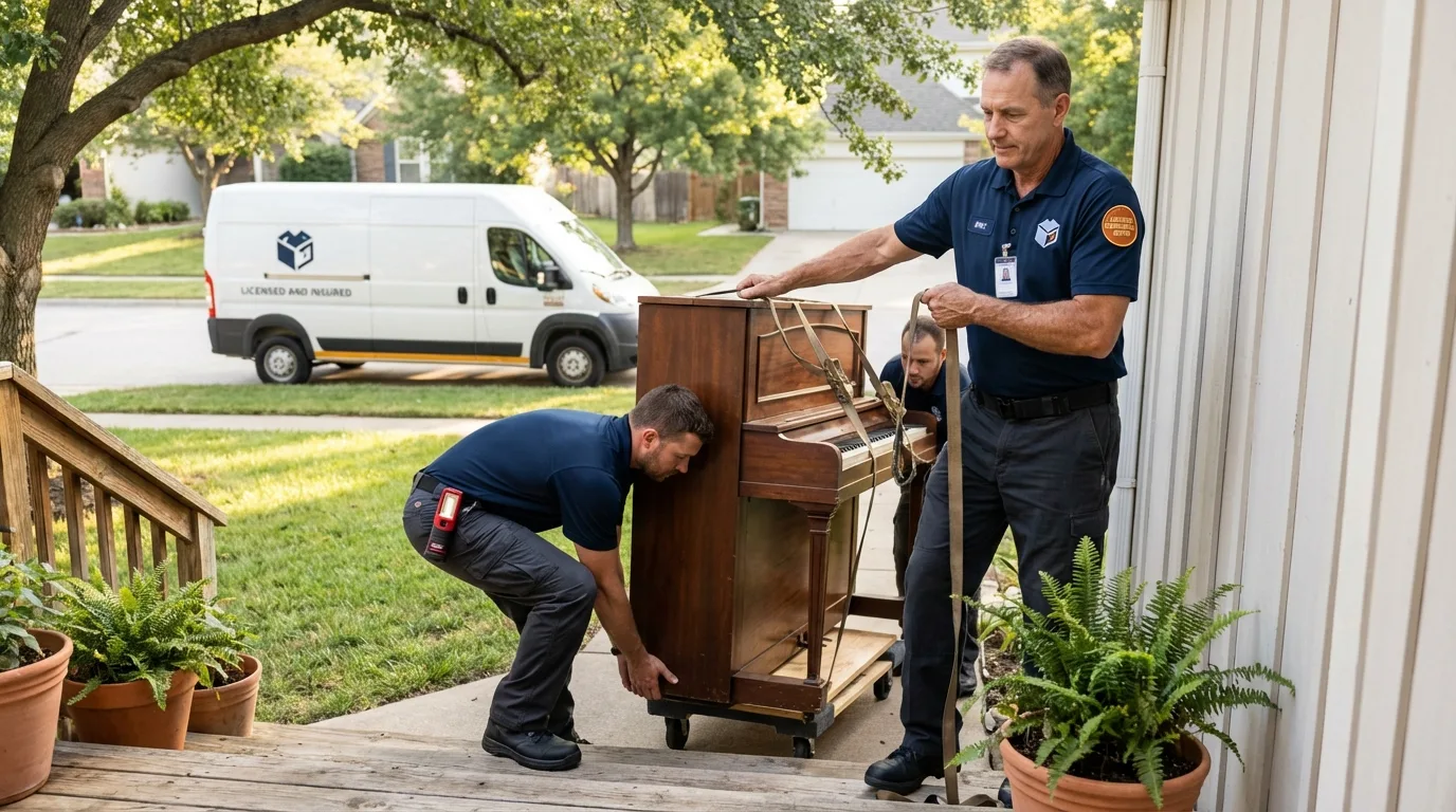 Licensed piano movers securing grand piano in Kennett Square, PA