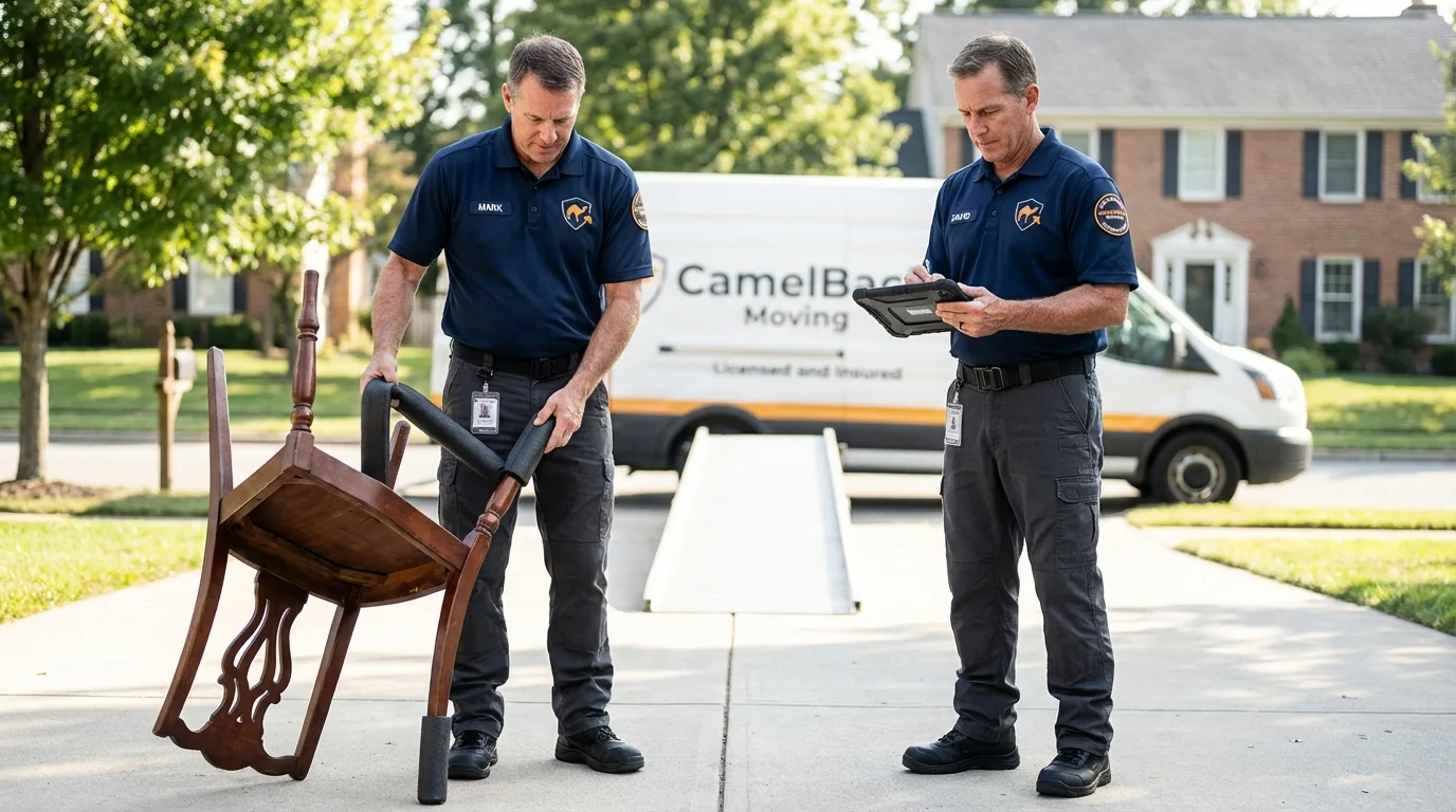 Movers inspecting furniture for damage prevention before loading in Kennett Square, PA