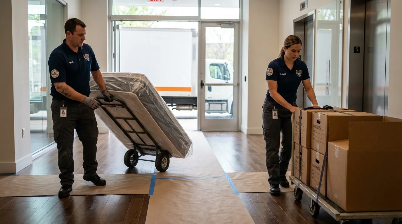Professional apartment movers loading elevator in Kennett Square, PA
