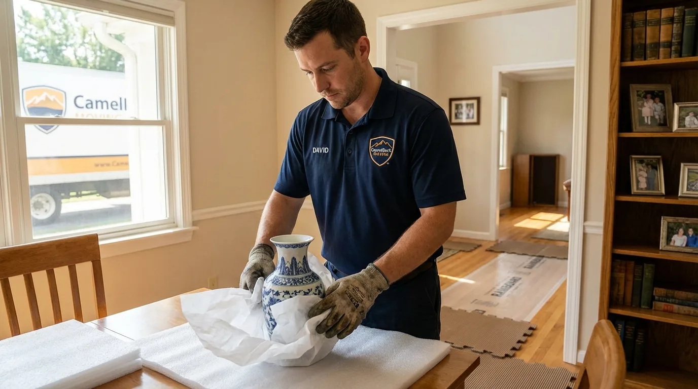 Professional crew carefully wrapping antique vase for senior downsizing move in Kennett Square, PA